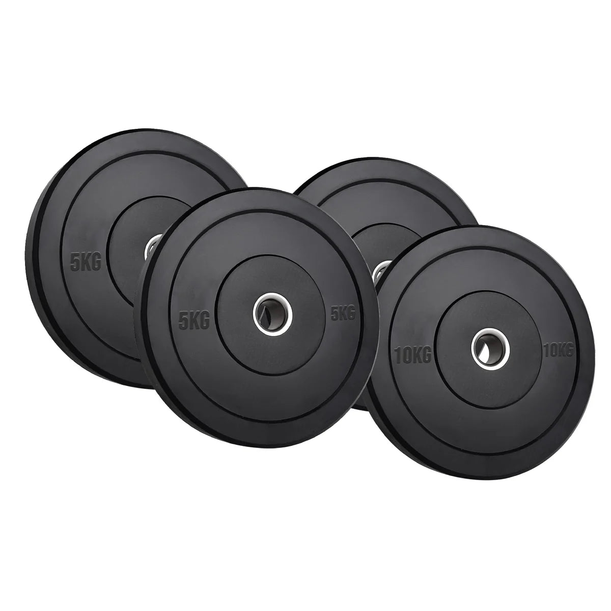 Set of black weight plates with 5KG and 10KG markings on a white background