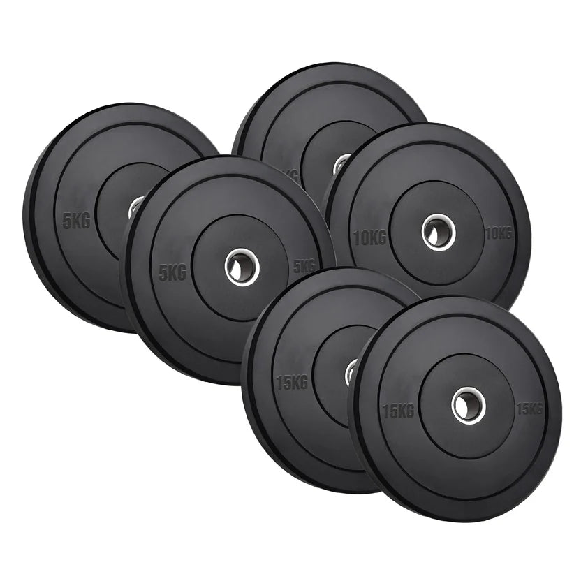 Set of black weight plates with weight markings on a white background
