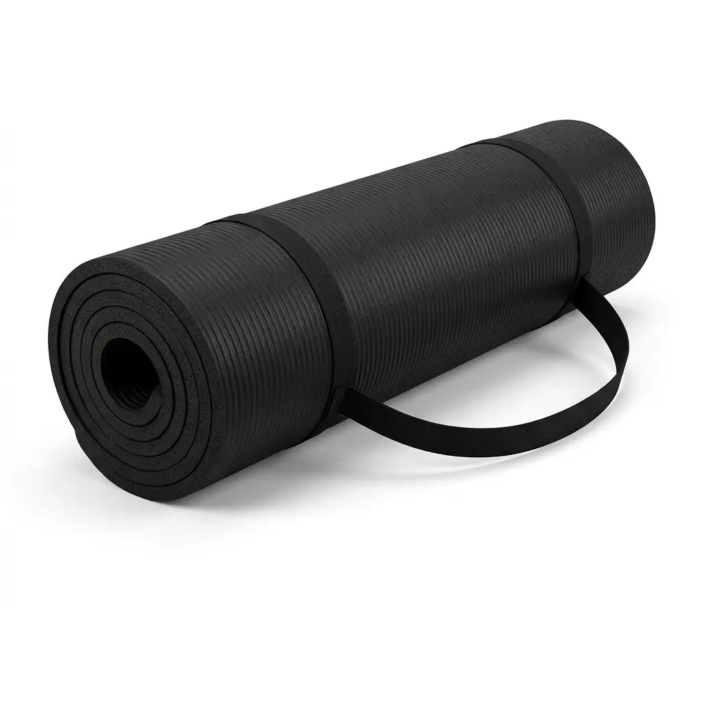 A black rolled-up yoga mat with an integrated carrying strap, shown on a clean white background.