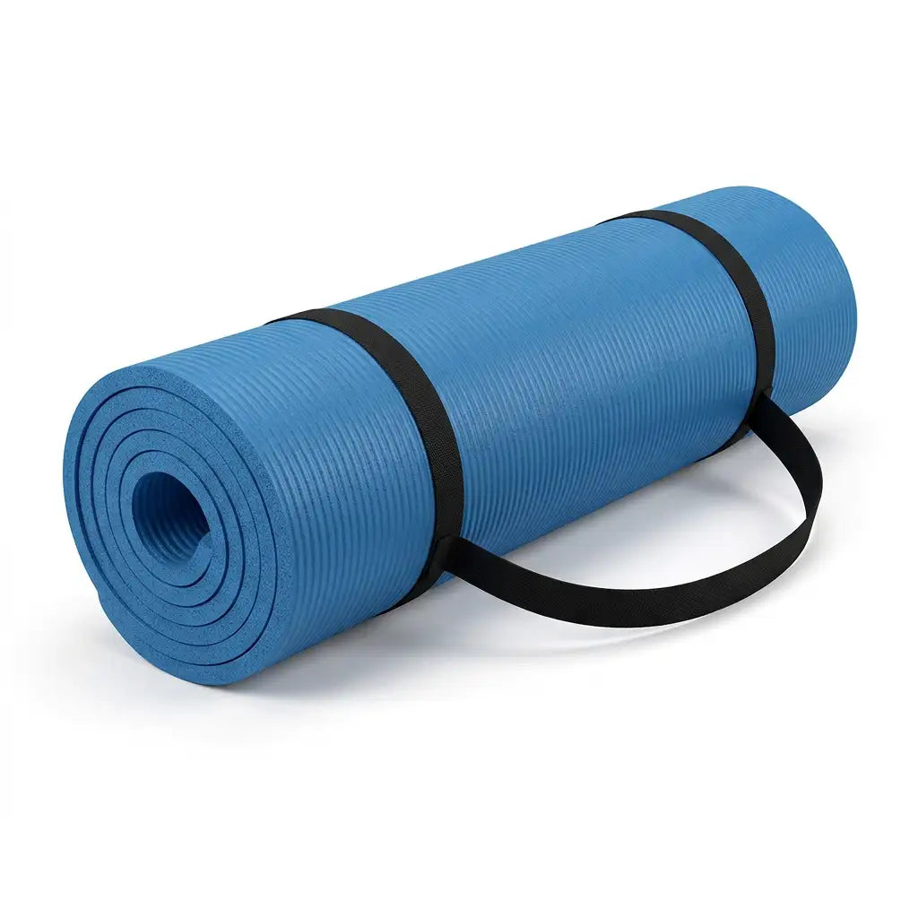 A rolled-up blue exercise or yoga mat with a black carrying strap, shown on a clean white background.