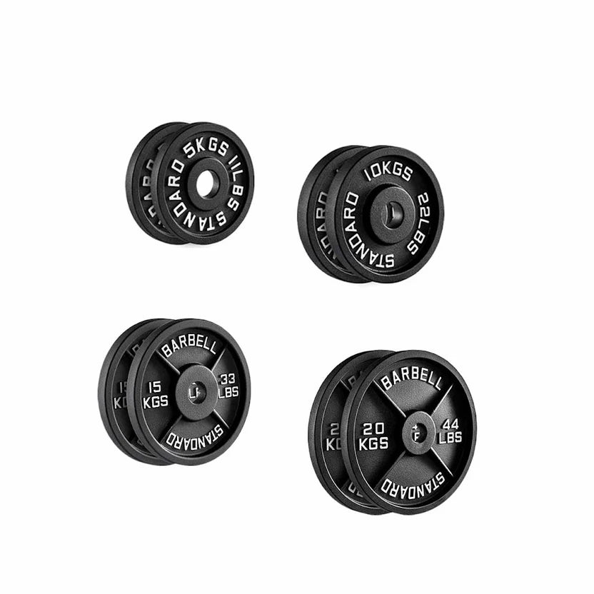 Set of black barbell weight plates with labeled weight capacities on a white background