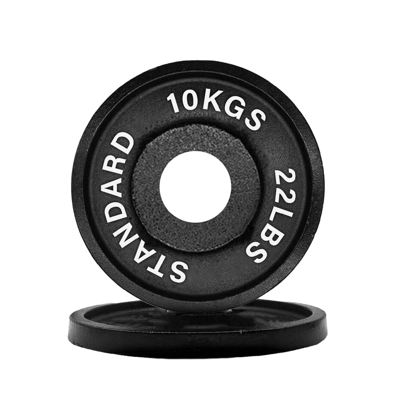 Pair of weight plates with '10KGS' and '22LBS' markings on a white background