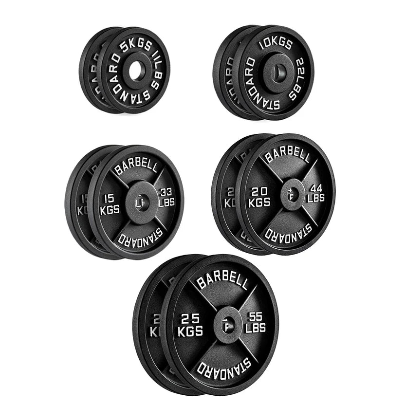 Set of six black circular objects with white text on a gray background