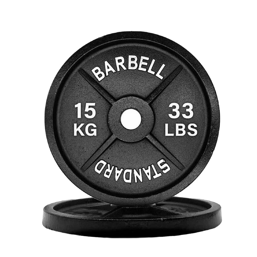 Black barbell weight plate with 'Barbell' and 'Standard' text on a white background
