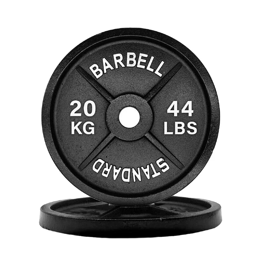 Black barbell weight plate with 'Barbell Standard' branding on a white background