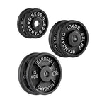 Three black weight plates with labeled weights on a white background