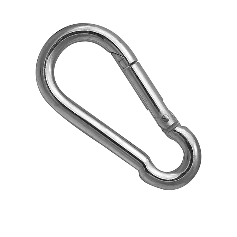 Metallic carabiner on a white background