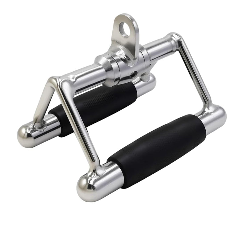 Metallic can opener with black handles on a white background