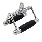 Metallic can opener with black handles on a white background