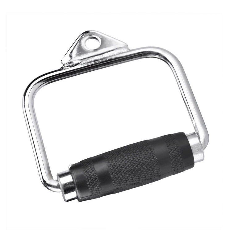 Metal handle with black grip on a white background