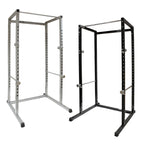 Two metal power rack frames, one silver and one black, on a white background.