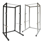 Black and silver power rack on a white background