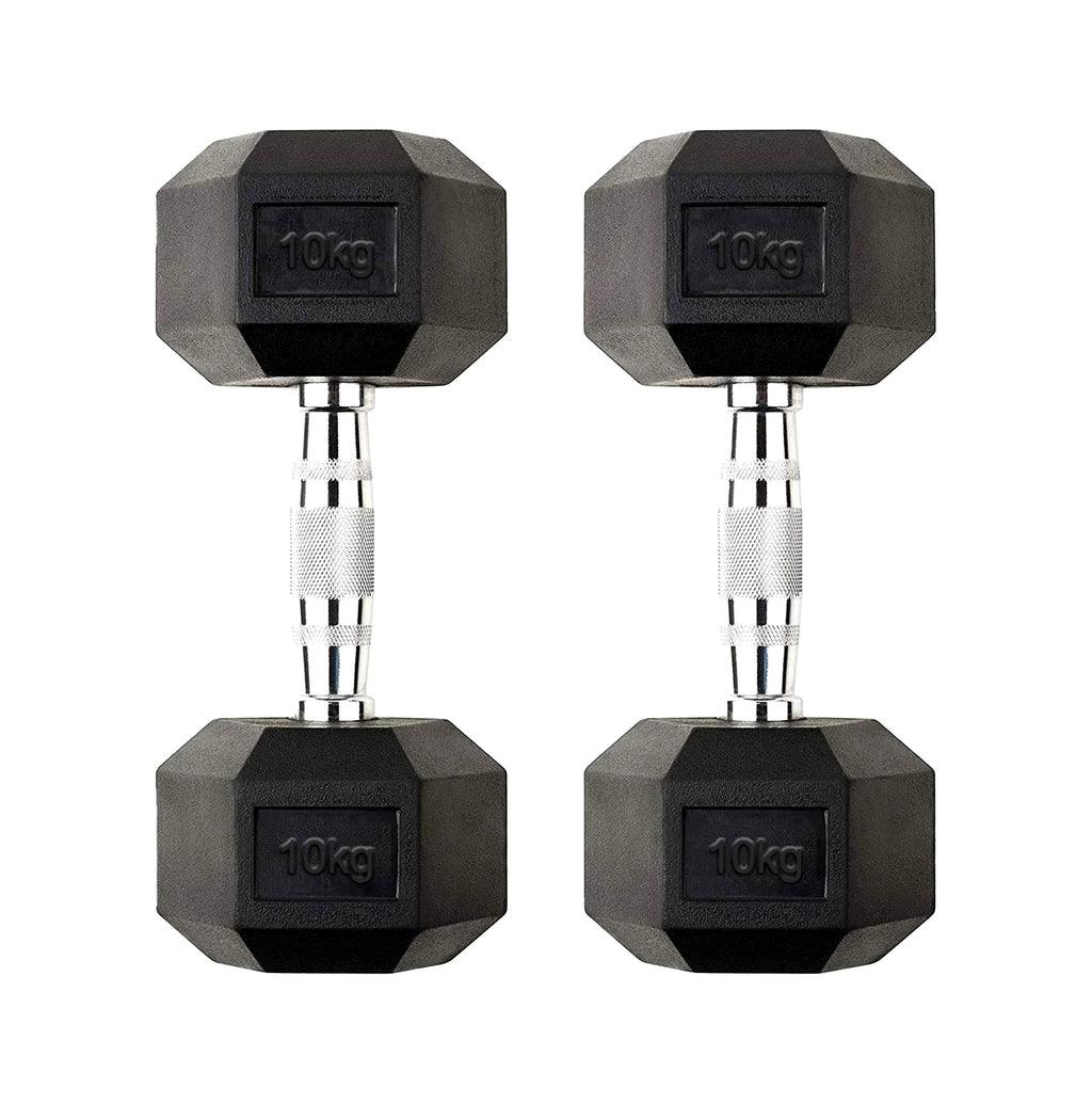 Pair of 10kg hexagonal dumbbells on a white background