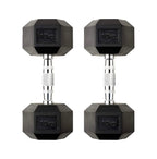 Pair of 10kg hexagonal dumbbells on a white background