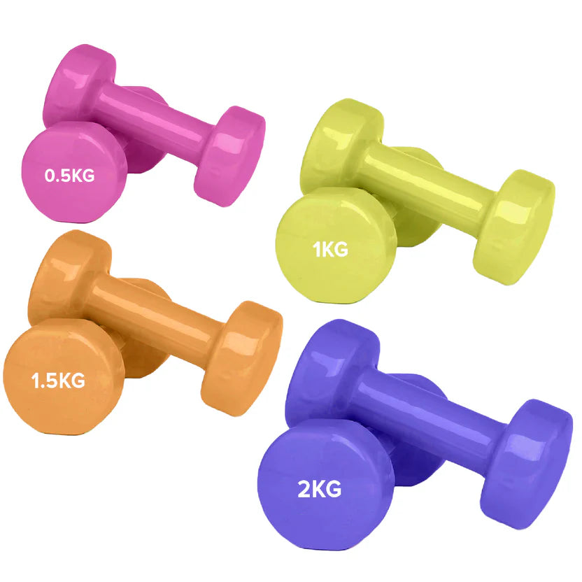 Set of colorful dumbbells with weight labels on a white background