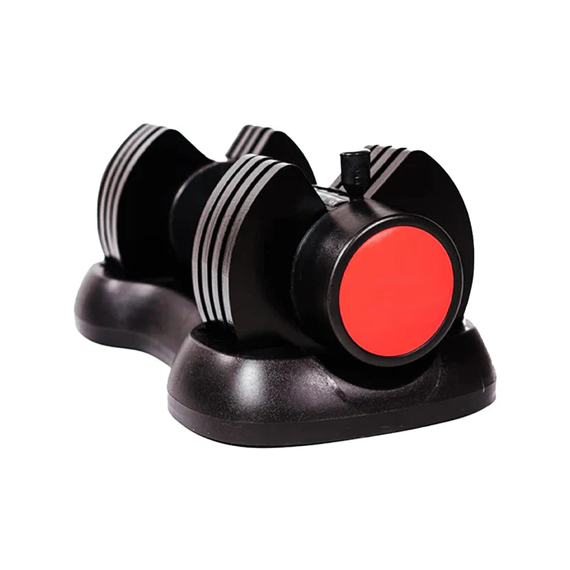 Black and red dumbbell with striped design on a white background