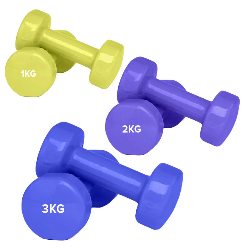 Set of colorful dumbbells with weight labels on a white background