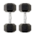 Pair of black hexagonal dumbbells with 15kg marking on a white background