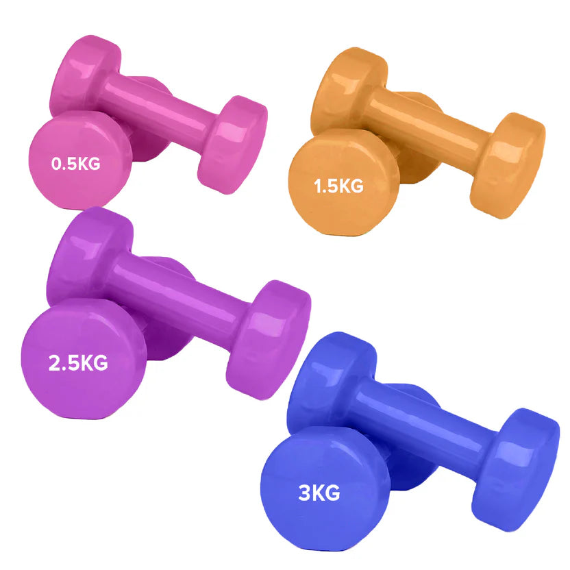 Set of colorful dumbbells with weight labels on a white background