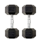 Pair of black hexagonal dumbbells with 17.5 kg markings on a white background