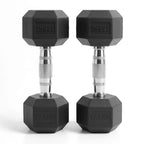 Pair of black hexagonal dumbbells with 17.5 kg marking on a white background
