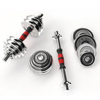 Set of adjustable dumbbells with weight plates on a white background
