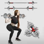 Woman exercising with adjustable dumbbells on a light gray background