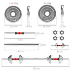 Measurement chart of a barbell set with weights, rods, and attachments on a white background.