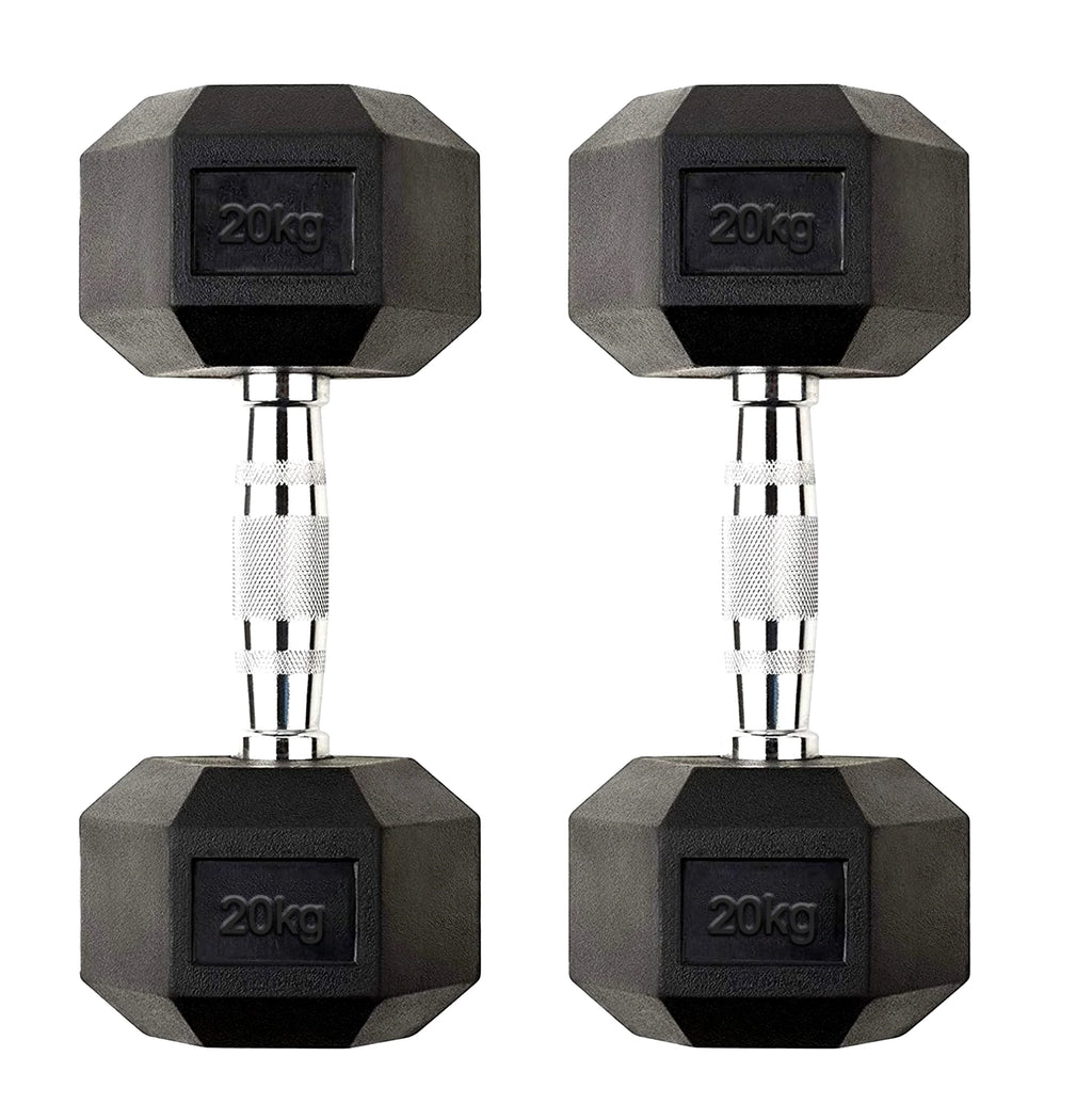 Pair of black hexagonal dumbbells with '20kg' marking on a white background