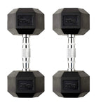 Pair of black hexagonal dumbbells with '20kg' marking on a white background