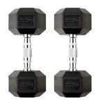 Pair of black hexagonal dumbbells with '22.5KG' marking on a white background