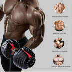 Muscular person holding adjustable dumbbells with icons showing muscle groups exercised.