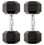 Pair of black hexagonal dumbbells with '25kg' marking on a white background