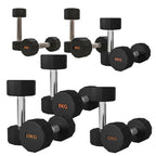 Set of black dumbbells with weight markings on a white background