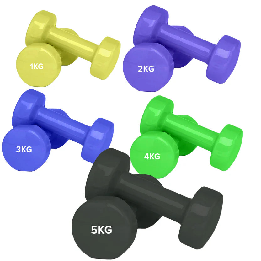 Set of colorful dumbbells with weight labels on a white background