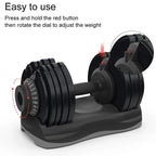 Pair of adjustable dumbbells with instructions on how to use them.