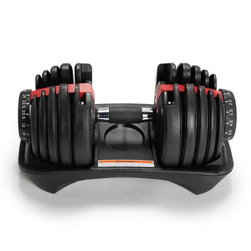 Pair of adjustable dumbbells on a white background