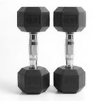 Pair of black hexagonal dumbbells with 45KG marking on a white background