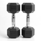 Pair of black hexagonal dumbbells with 55 kg marking on a white background