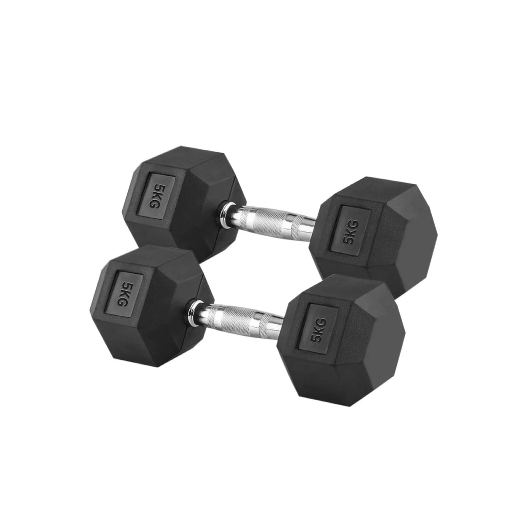 Pair of black hexagonal dumbbells with '5KG' marking on a white background