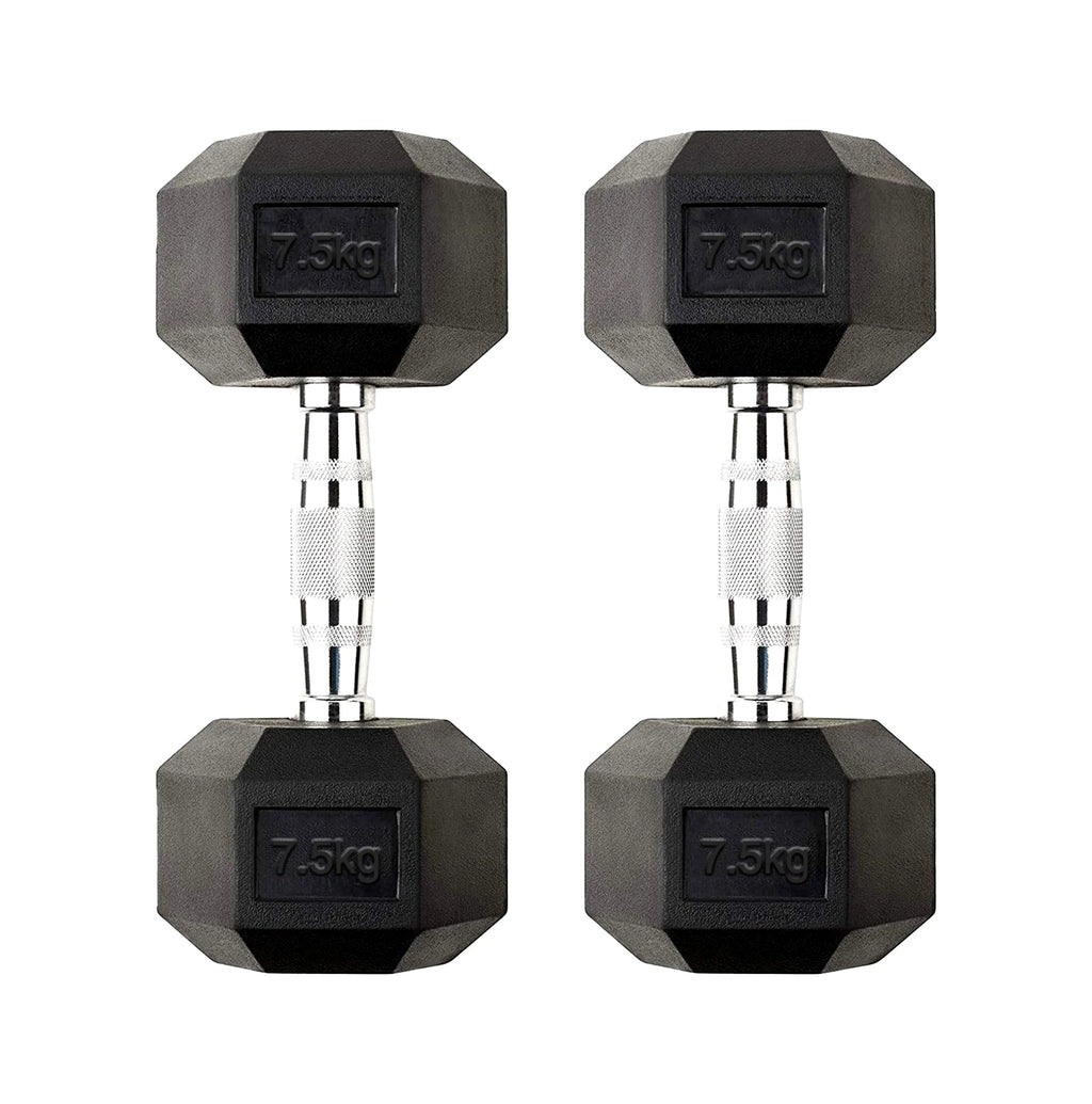 Pair of 7.5kg hexagonal dumbbells on a white background