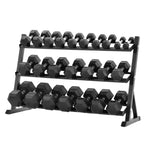 Dumbbell set with a metal rack on a white background