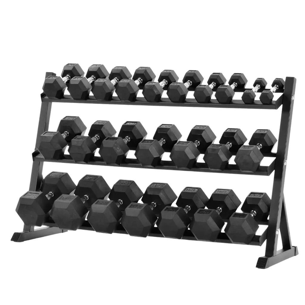 3 tier Dumbbell set with a metal rack on a white background