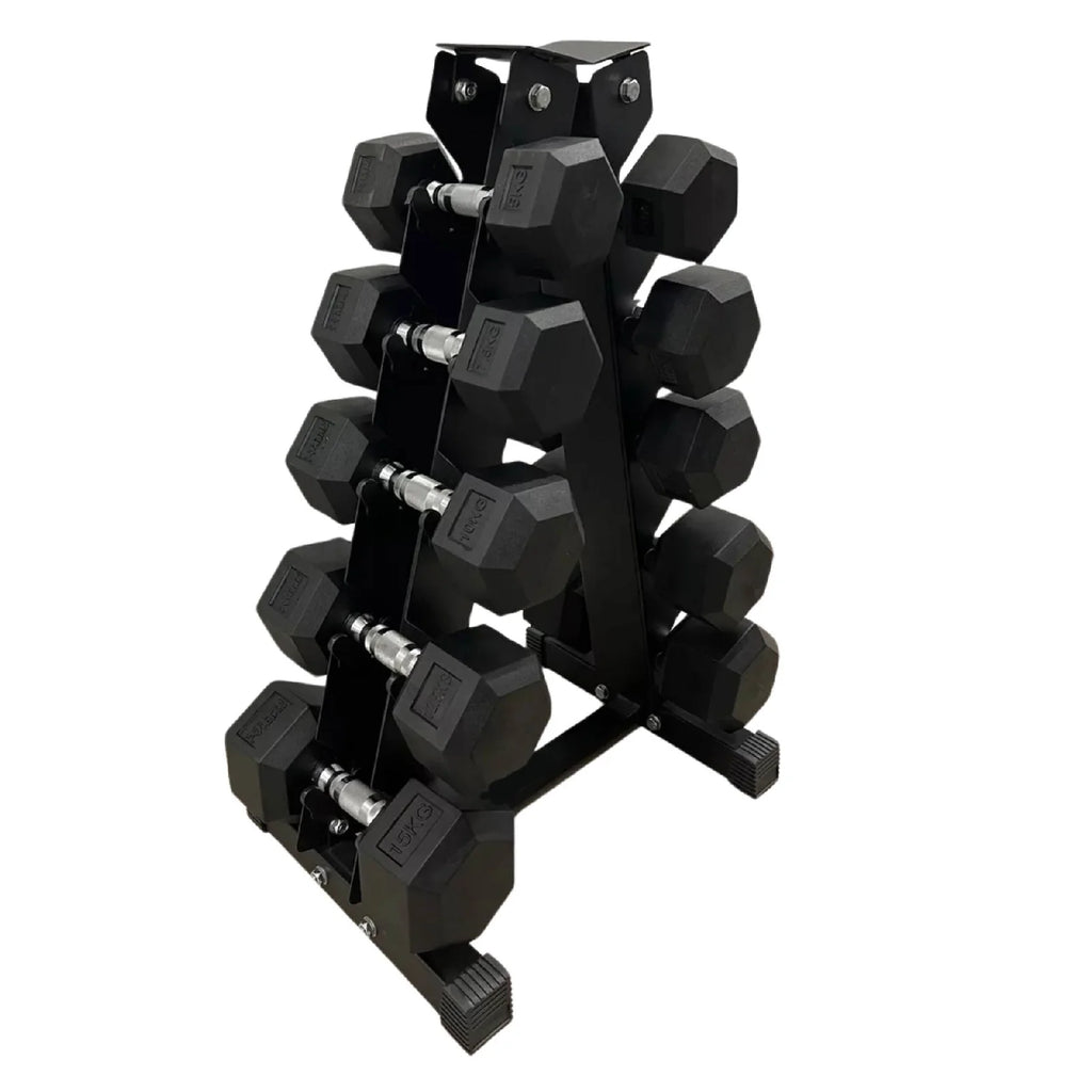 Set of black hexagonal dumbbells on a rack against a white background
