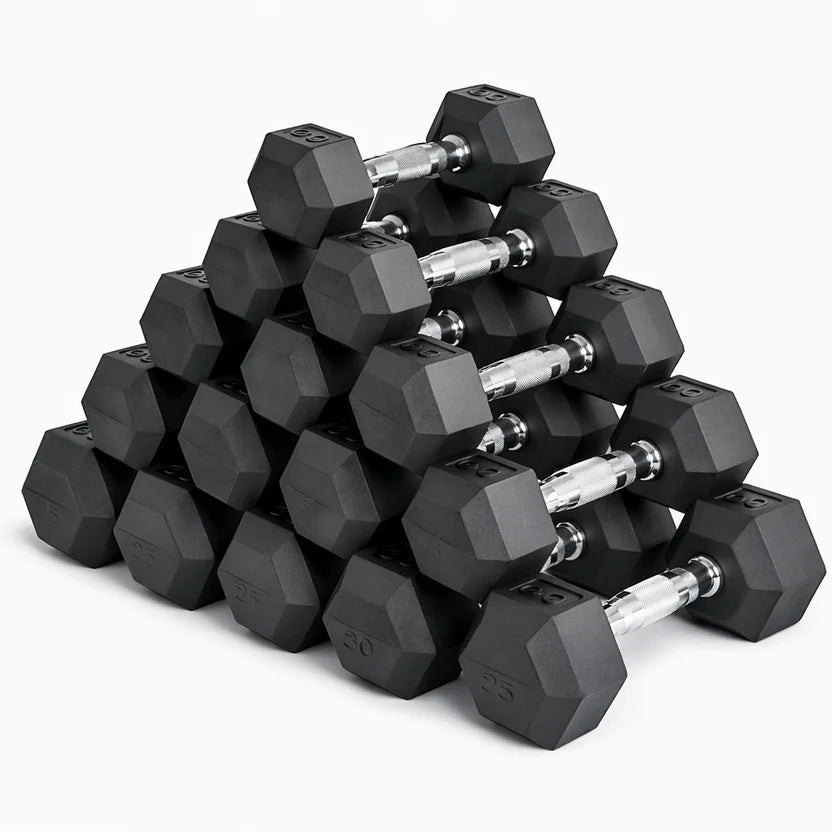 Stack of black hexagonal dumbbells on a white background