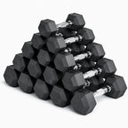 Stack of black hexagonal dumbbells on a white background