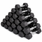 Stack of black hexagonal dumbbells on a white background