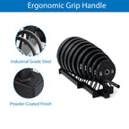 Black weight plate set with ergonomic grip handle, industrial grade steel, and powder-coated finish on a white background.