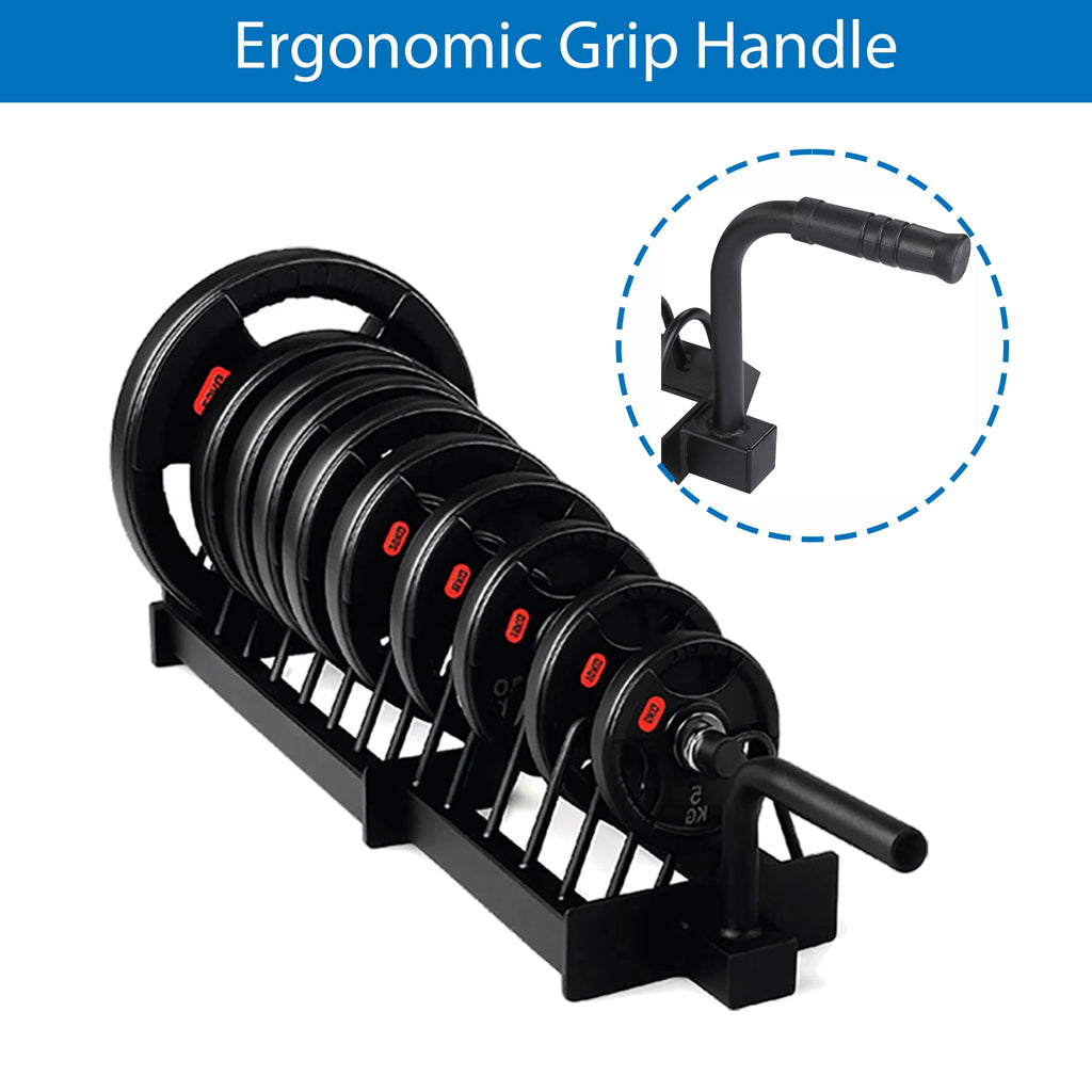 Set of weight plates with a stand and ergonomic grip handle on a white background