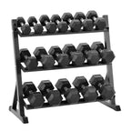Black dumbbell rack with hexagonal dumbbells on a white background